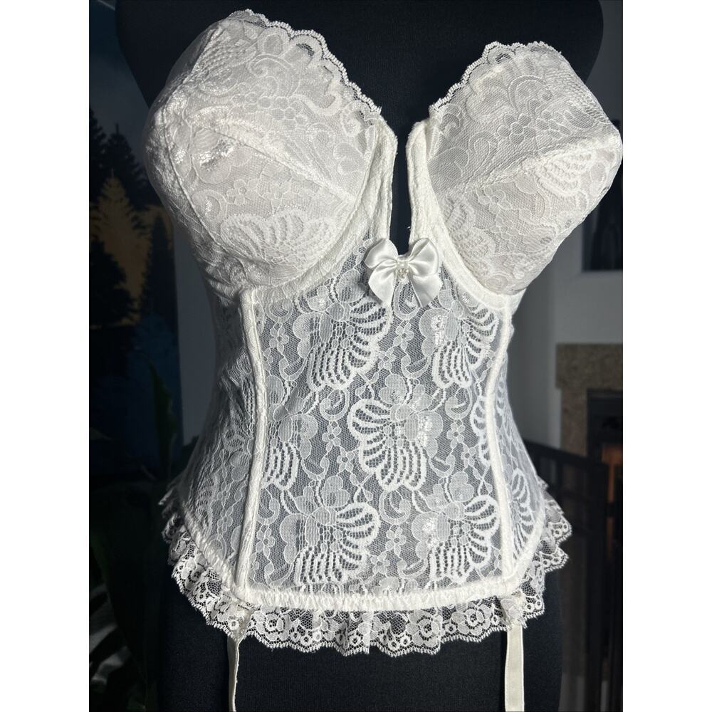 Vintage Jezebel white lace longline bustier Corset Top garter straps 36D Elegant